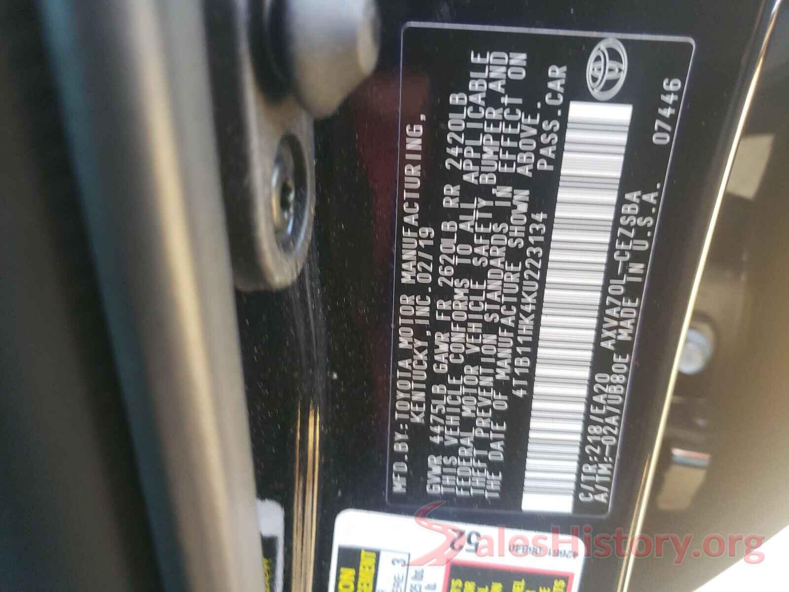 4T1B11HK4KU223134 2019 TOYOTA CAMRY