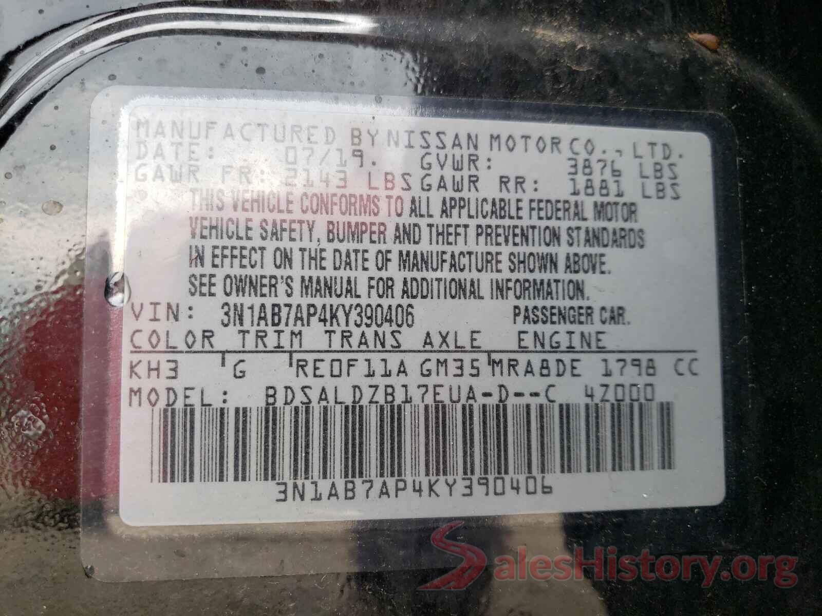 3N1AB7AP4KY390406 2019 NISSAN SENTRA