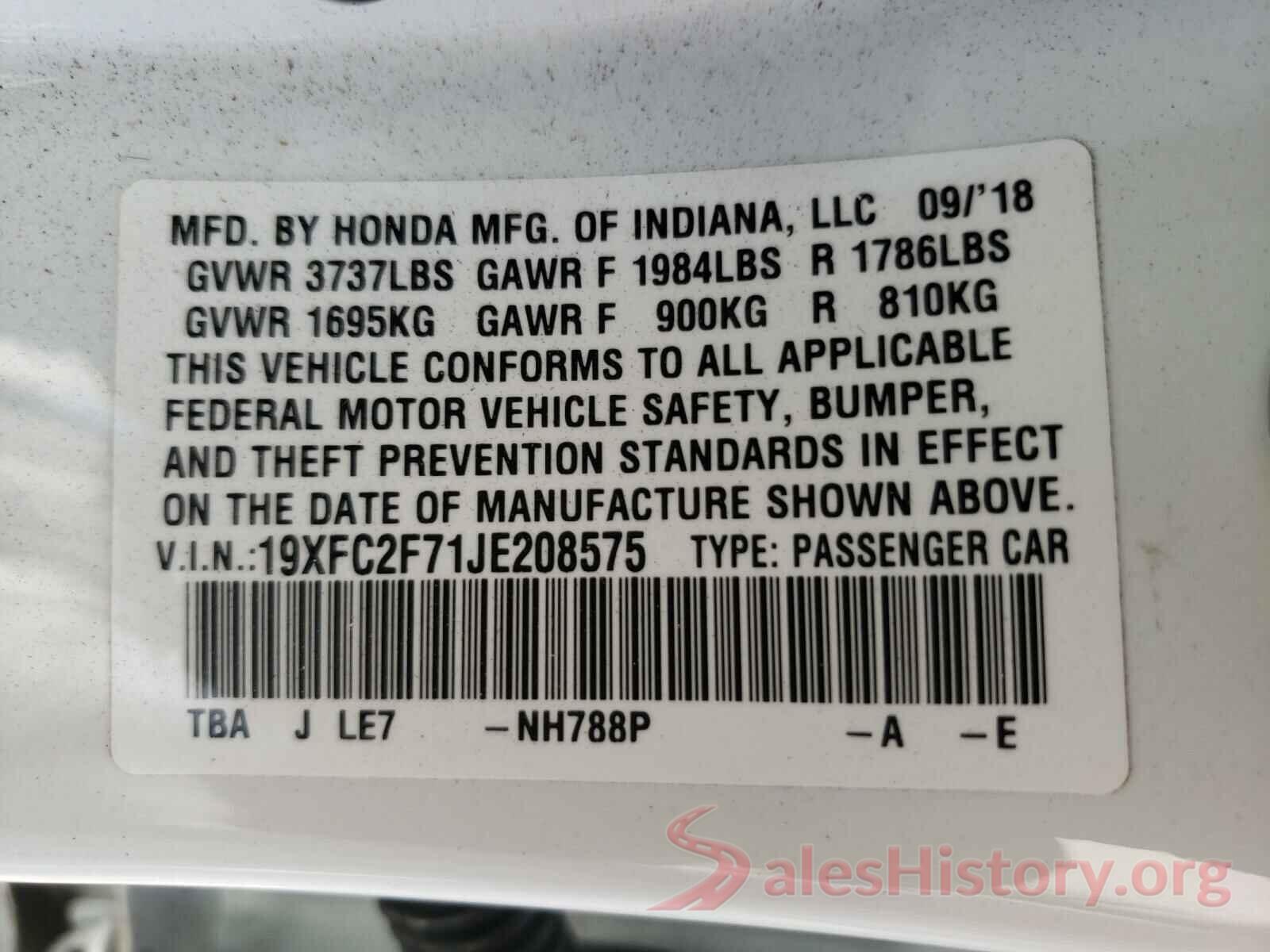 19XFC2F71JE208575 2018 HONDA CIVIC