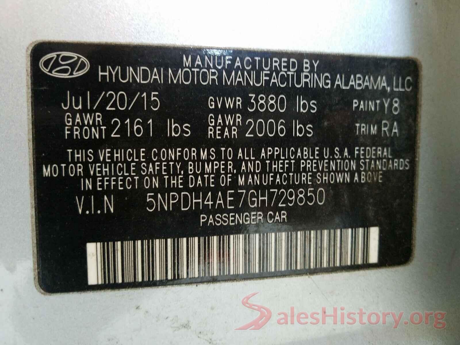 5NPDH4AE7GH729850 2016 HYUNDAI ELANTRA