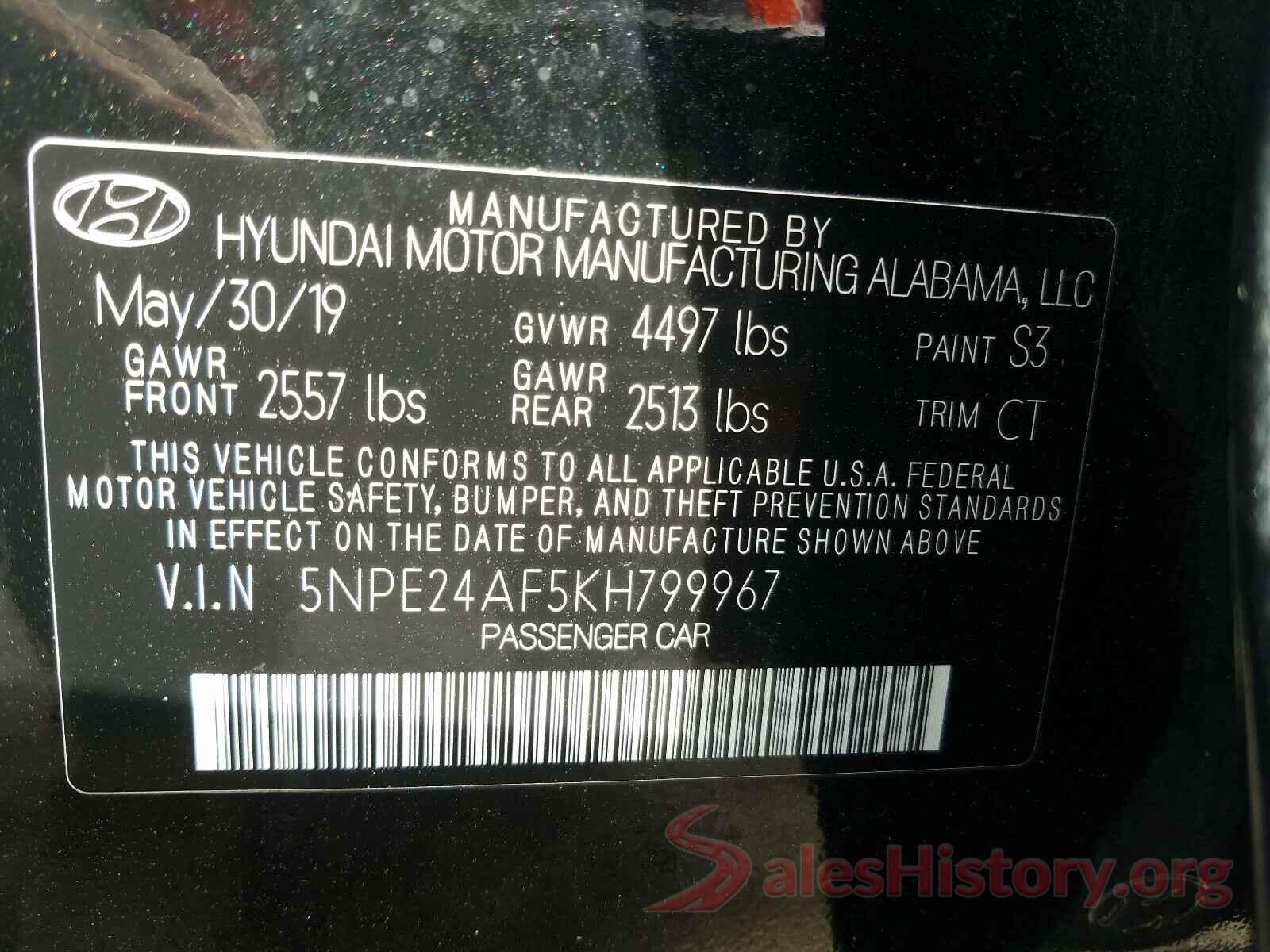 5NPE24AF5KH799967 2019 HYUNDAI SONATA