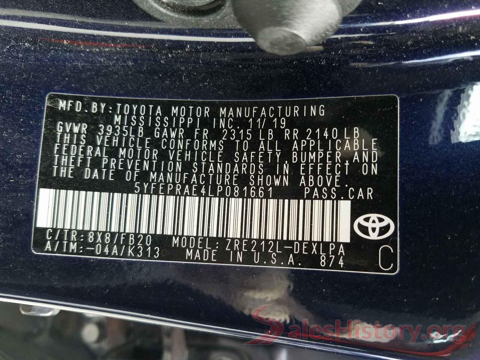 5YFEPRAE4LP081661 2020 TOYOTA COROLLA