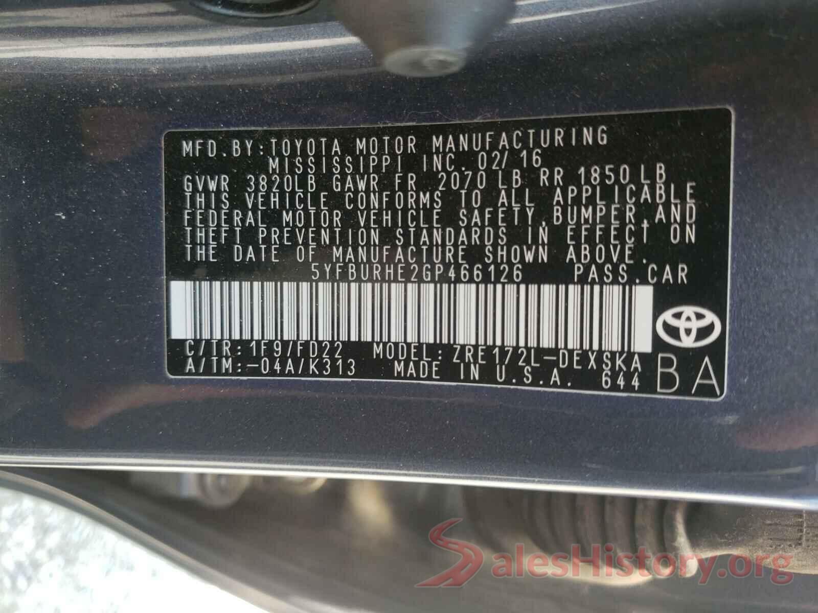 5YFBURHE2GP466126 2016 TOYOTA COROLLA