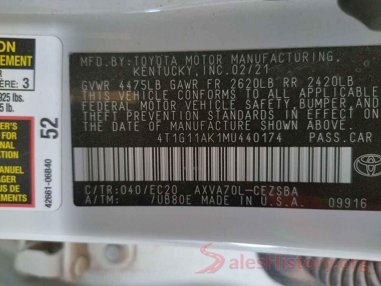 4T1G11AK1MU440174 2021 TOYOTA CAMRY