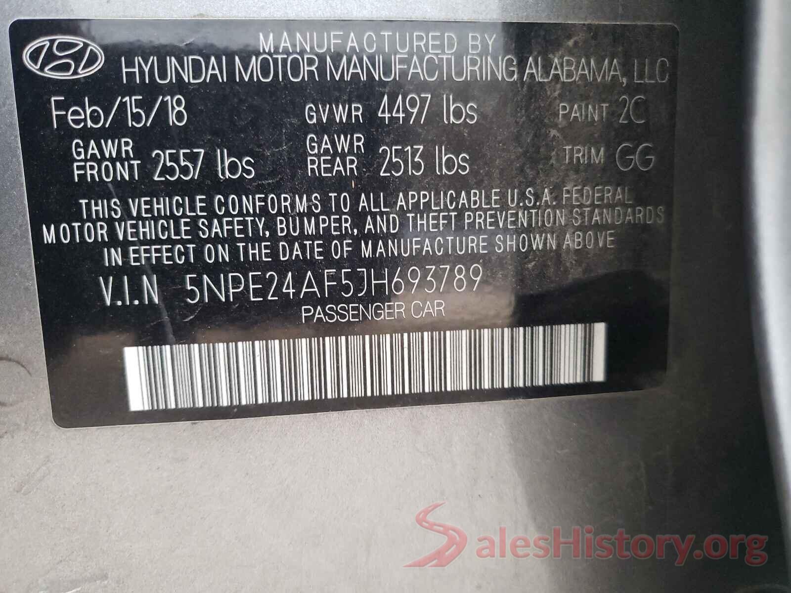 5NPE24AF5JH693789 2018 HYUNDAI SONATA