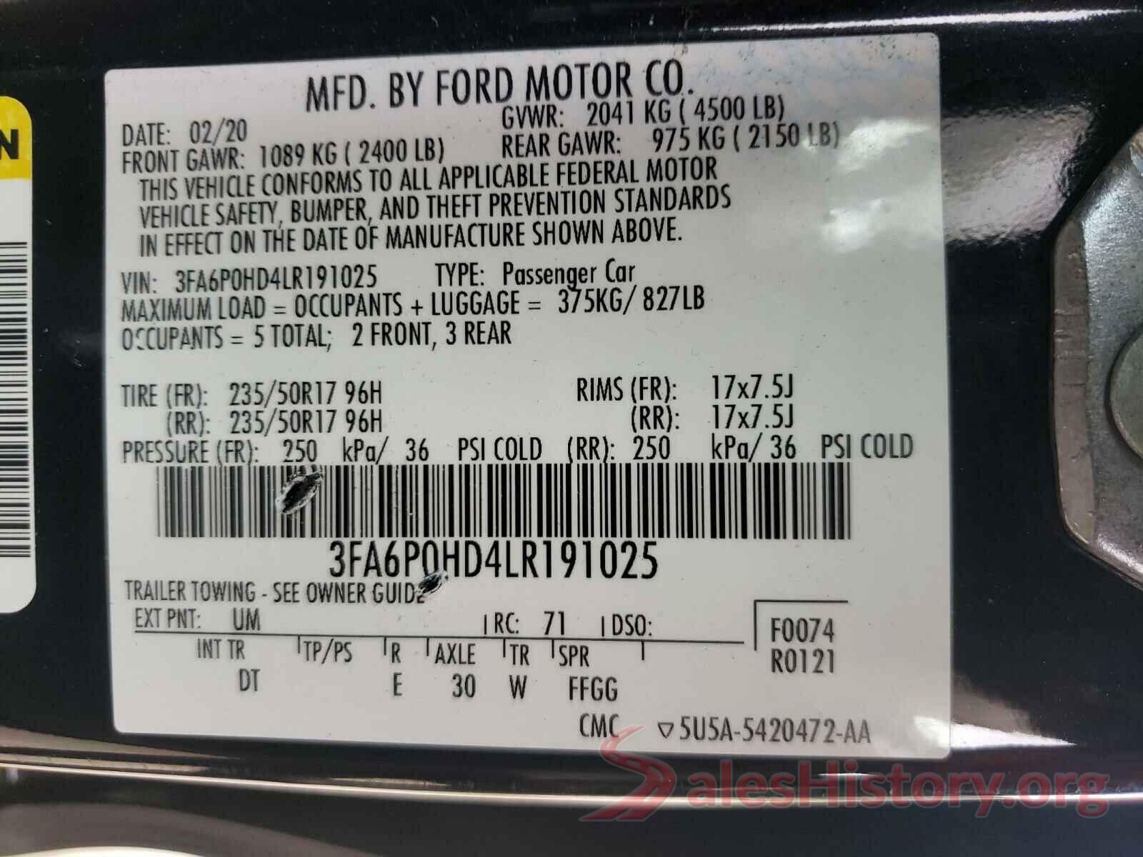 3FA6P0HD4LR191025 2020 FORD FUSION