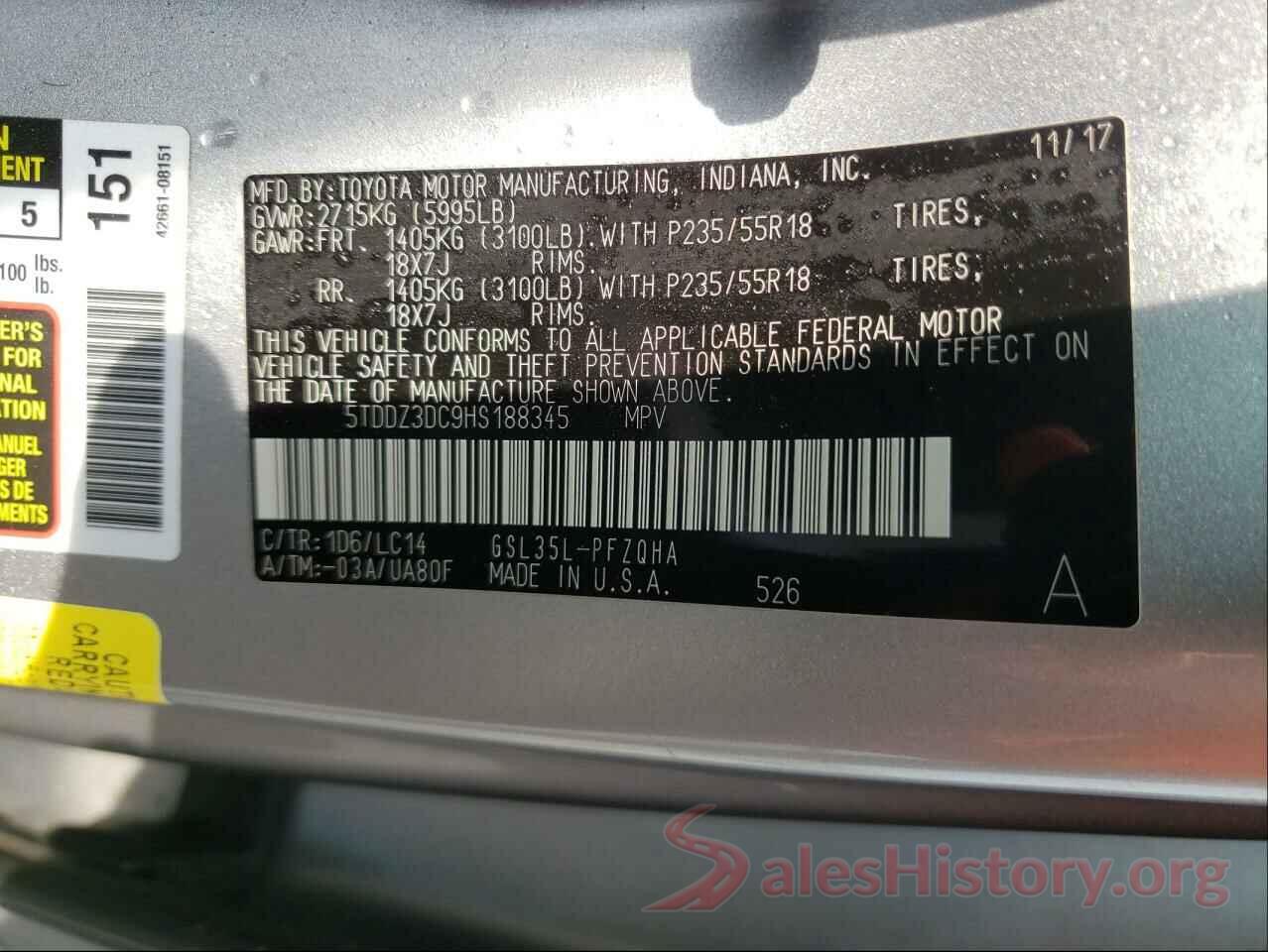 5TDDZ3DC9HS188345 2017 TOYOTA SIENNA