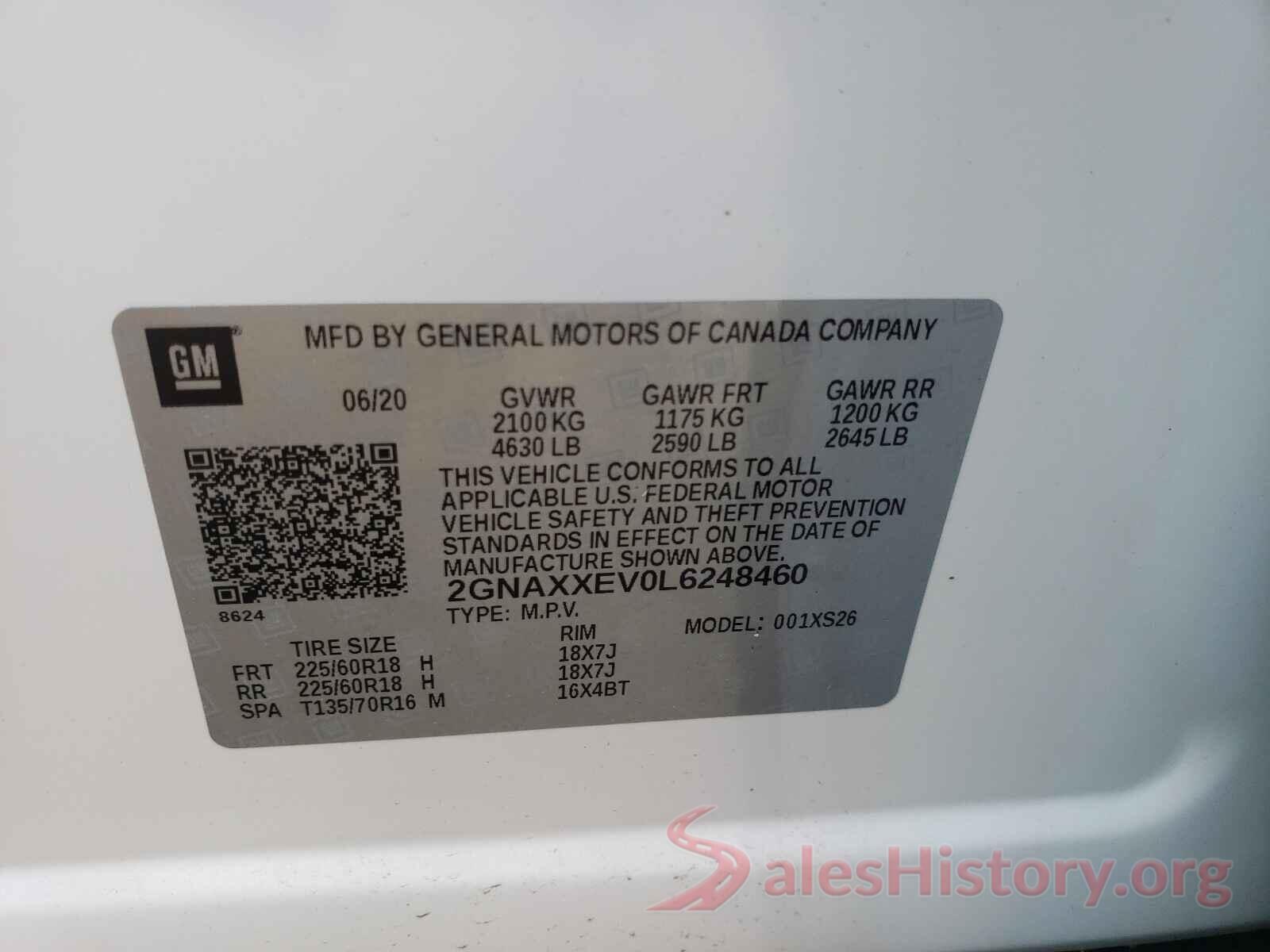 2GNAXXEV0L6248460 2020 CHEVROLET EQUINOX