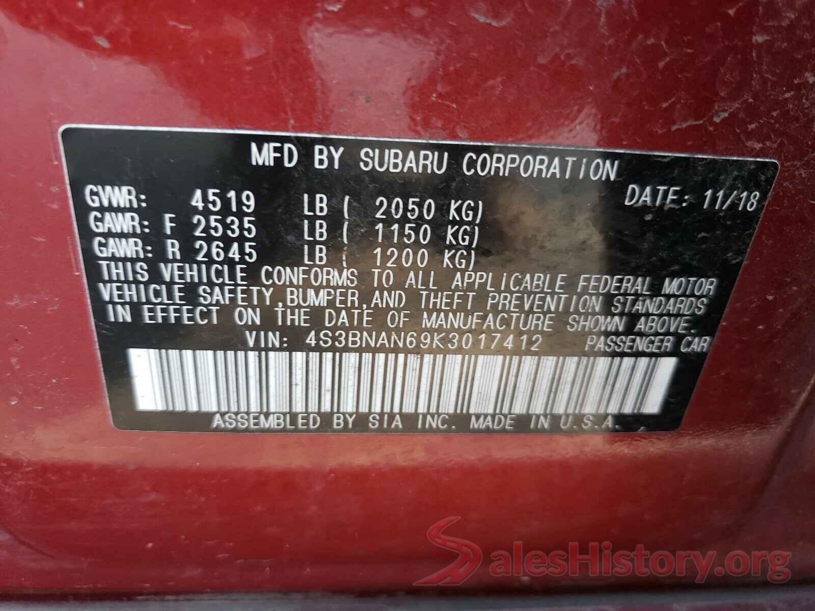 4S3BNAN69K3017412 2019 SUBARU LEGACY