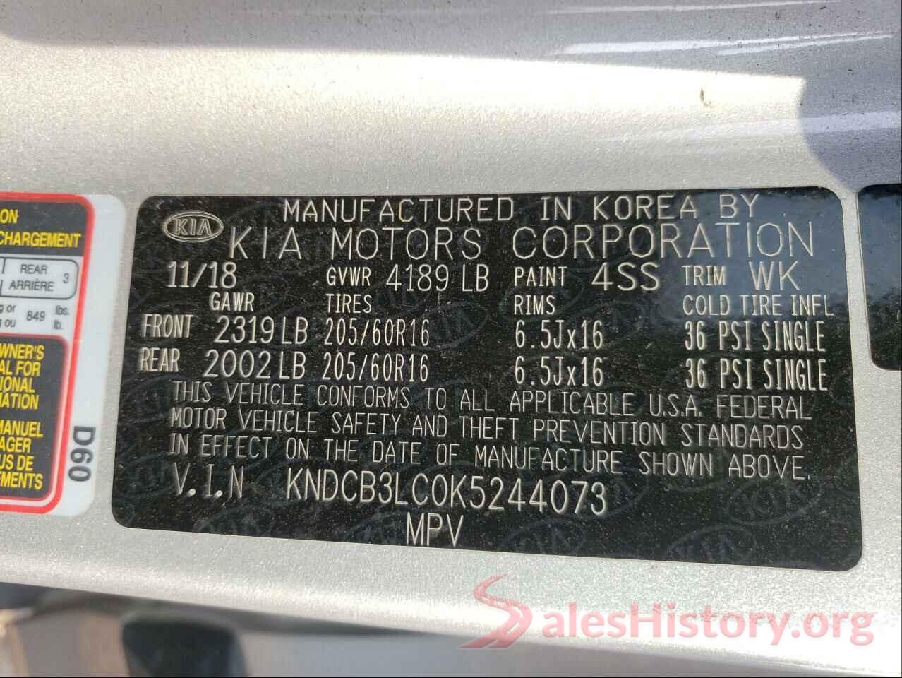 KNDCB3LC0K5244073 2019 KIA NIRO