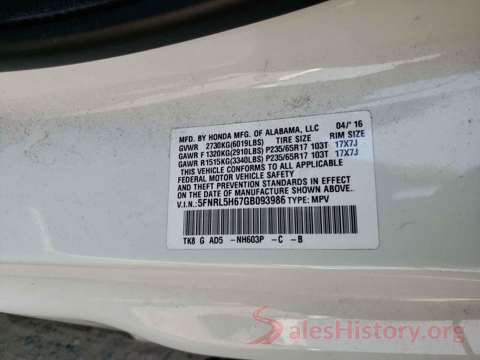 5FNRL5H67GB093986 2016 HONDA ODYSSEY