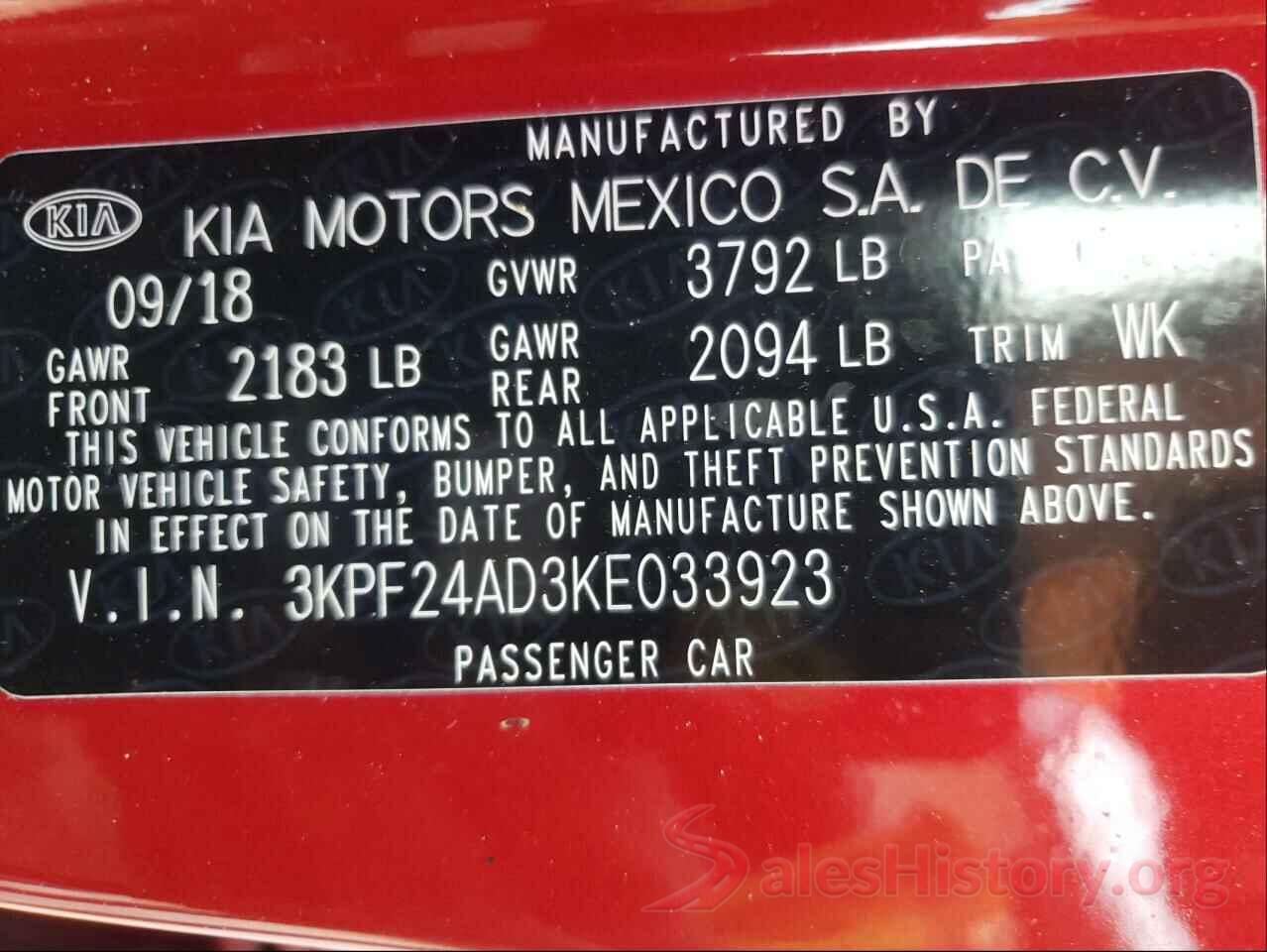 3KPF24AD3KE033923 2019 KIA FORTE