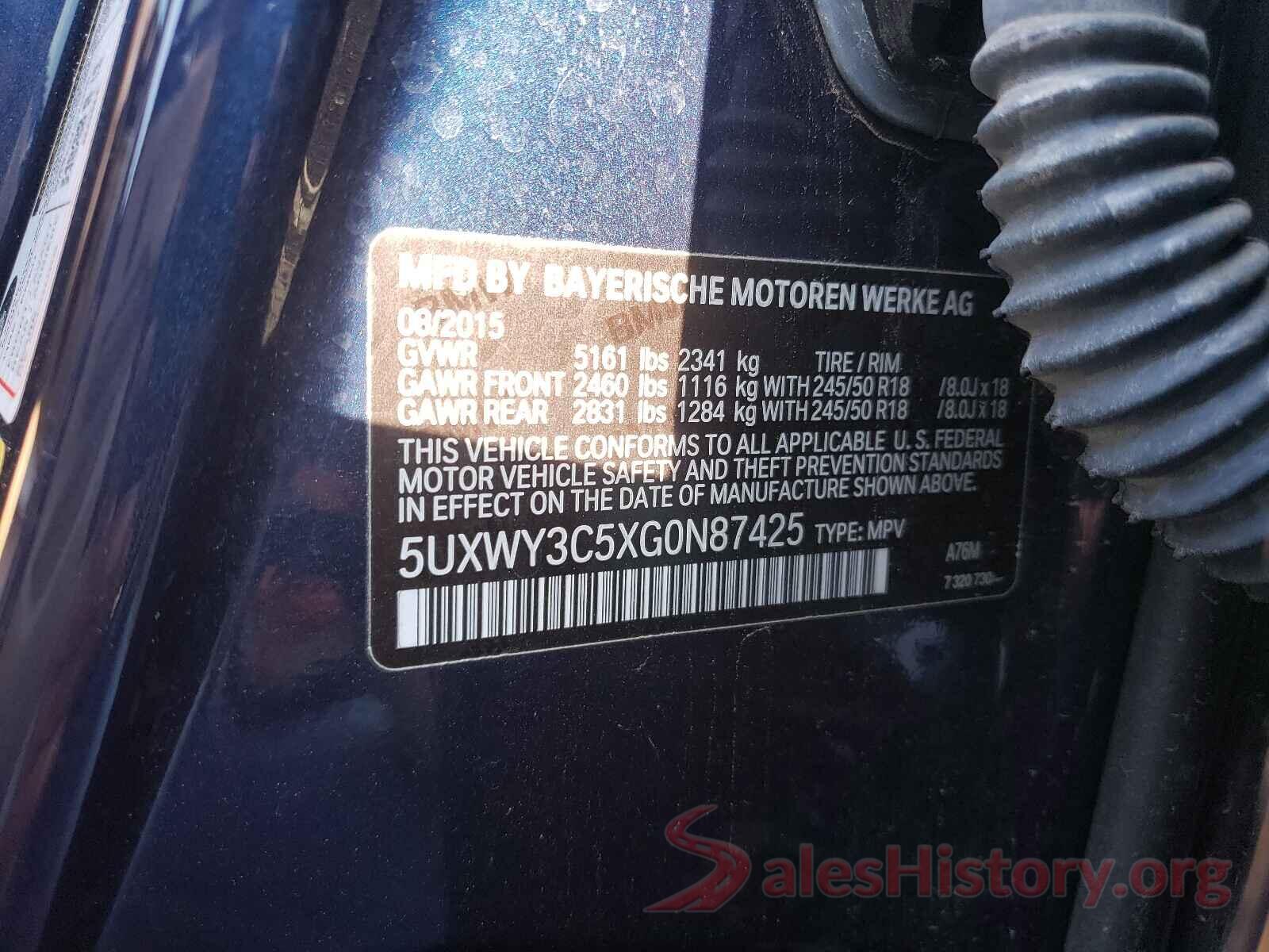 5UXWY3C5XG0N87425 2016 BMW X3