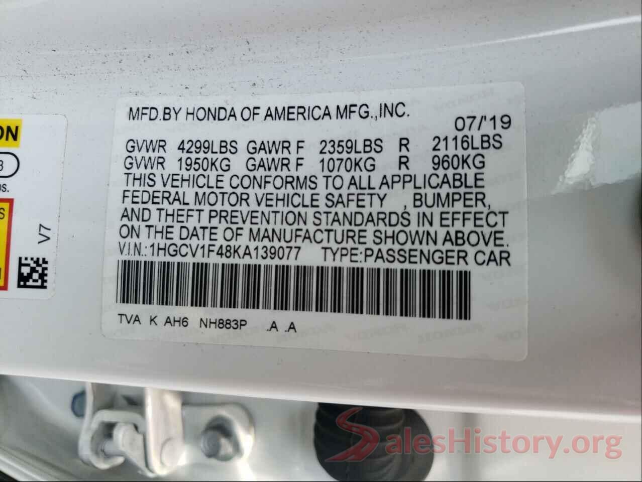 1HGCV1F48KA139077 2019 HONDA ACCORD