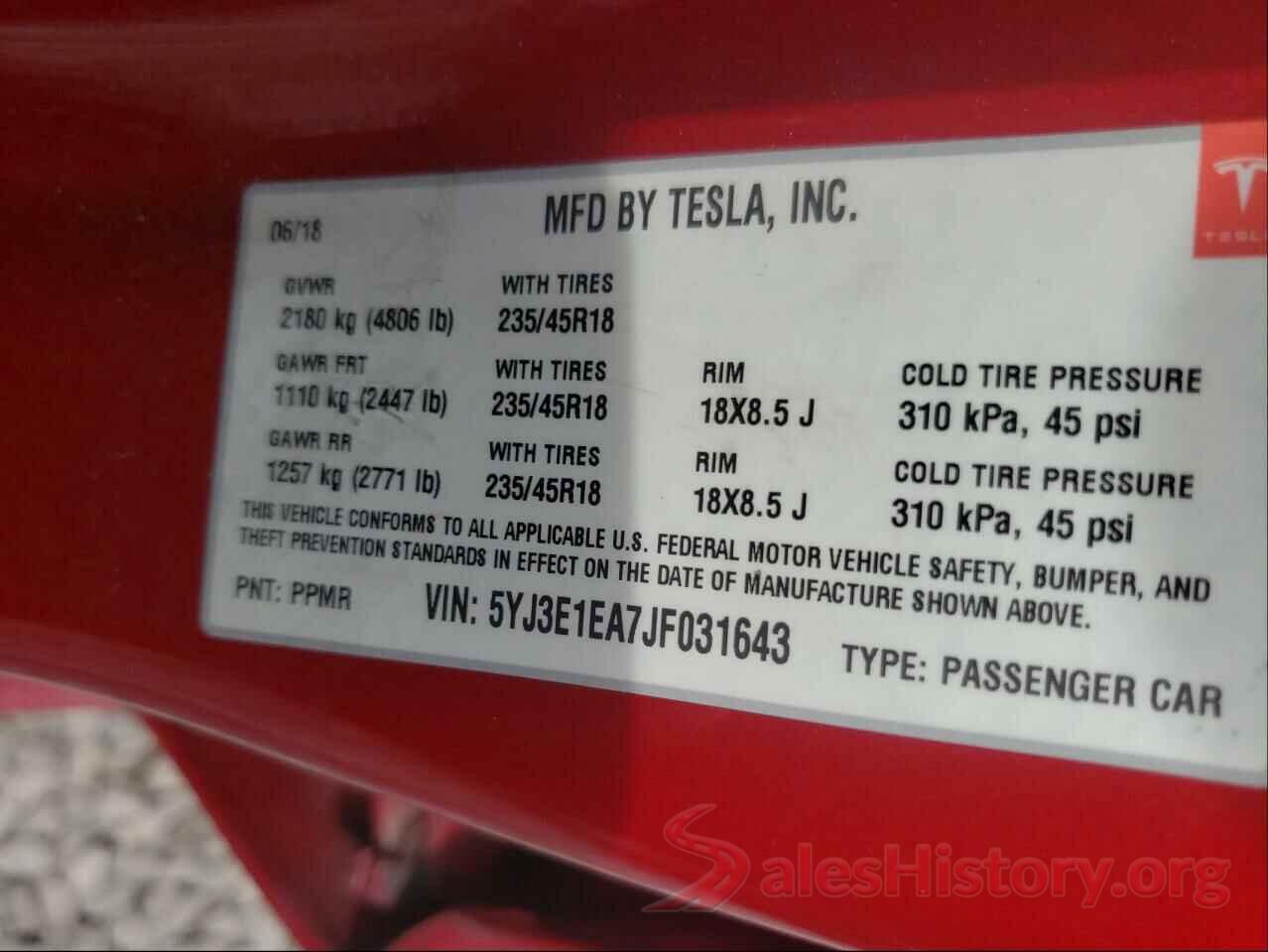 5YJ3E1EA7JF031643 2018 TESLA MODEL 3