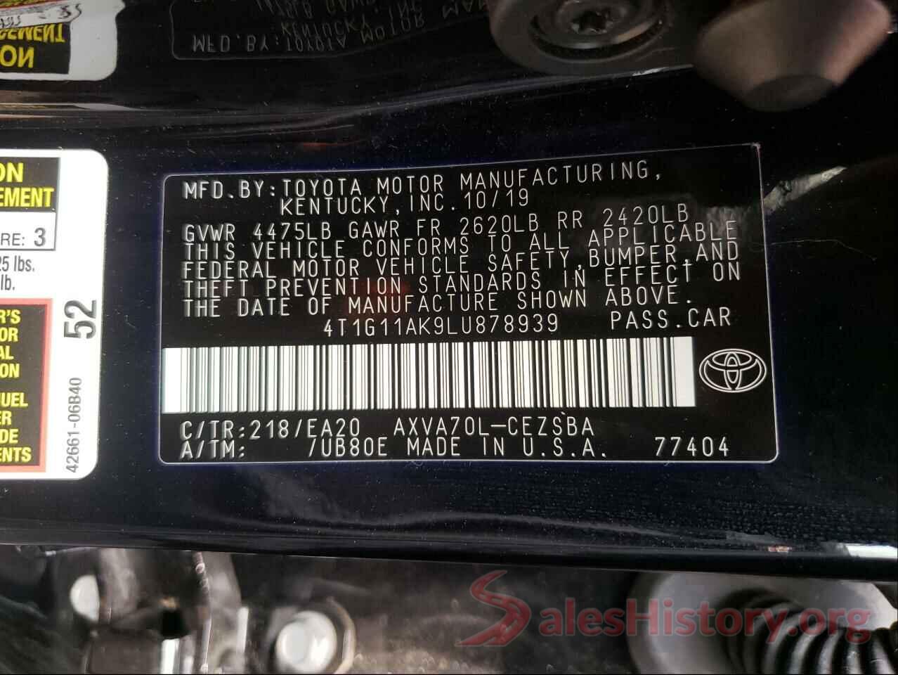 4T1G11AK9LU878939 2020 TOYOTA CAMRY