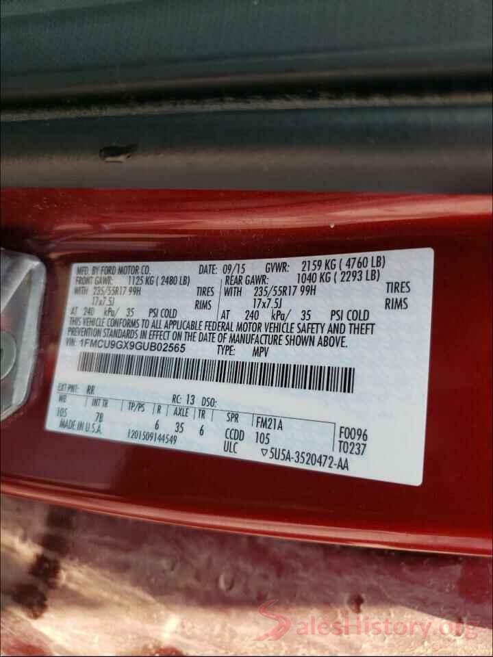 1FMCU9GX9GUB02565 2016 FORD ESCAPE