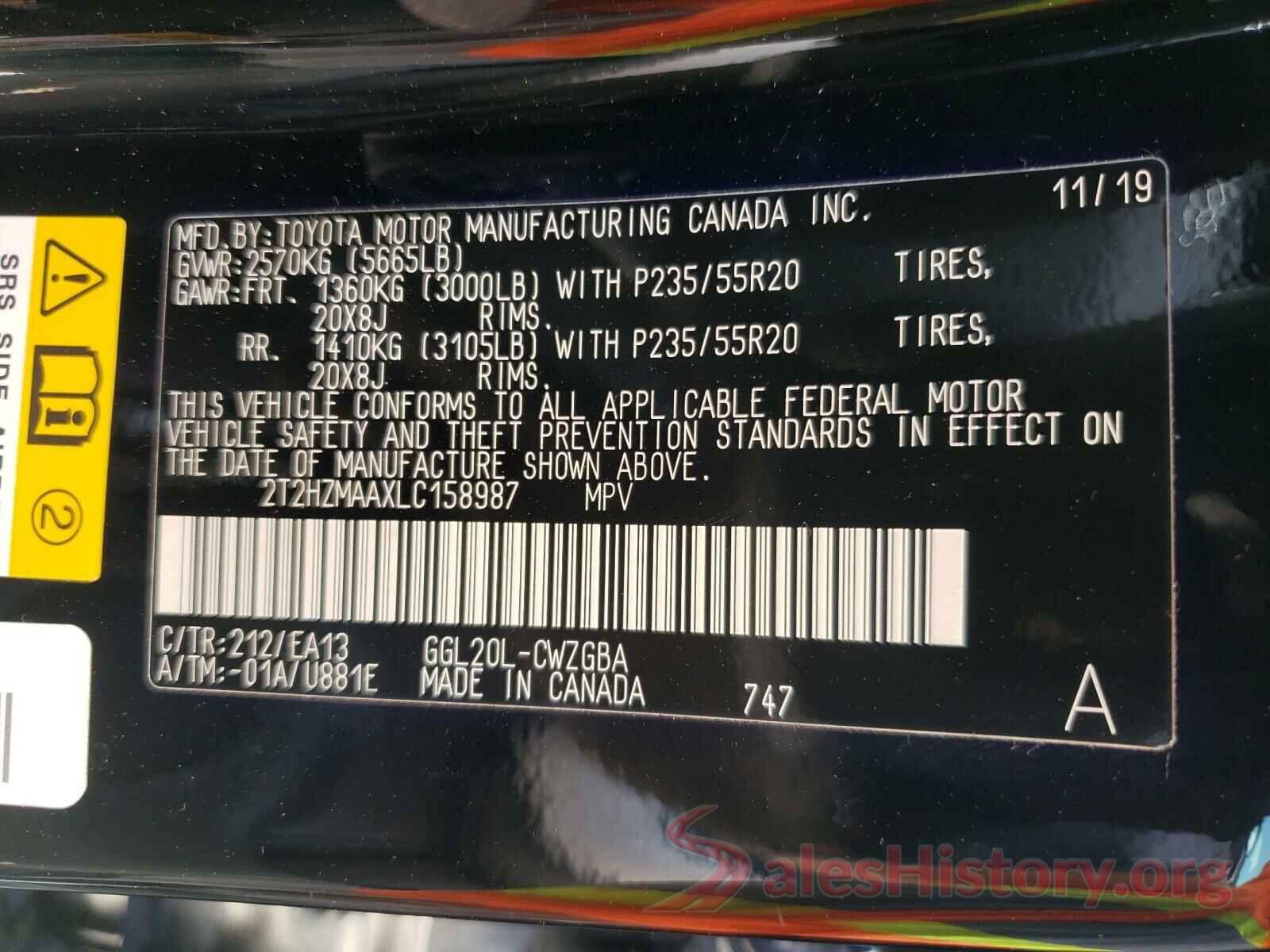 2T2HZMAAXLC158987 2020 LEXUS RX350