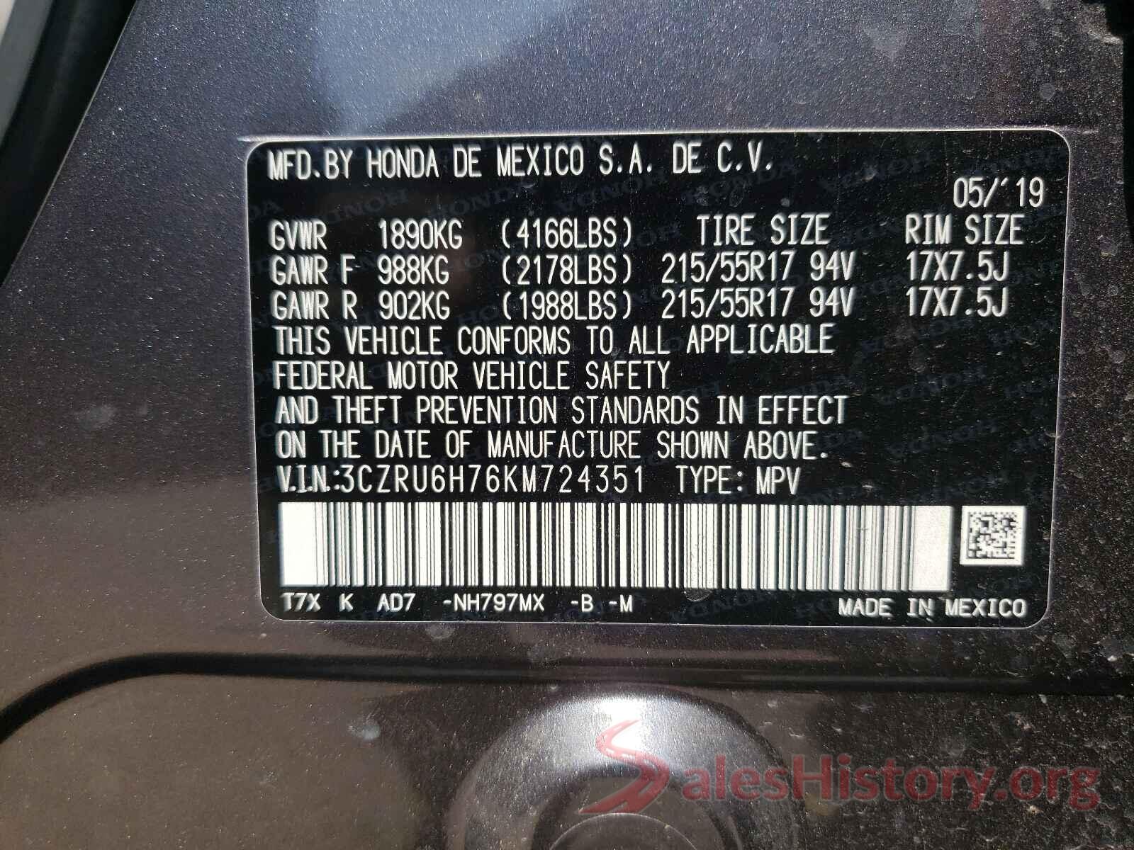 3CZRU6H76KM724351 2019 HONDA HR-V