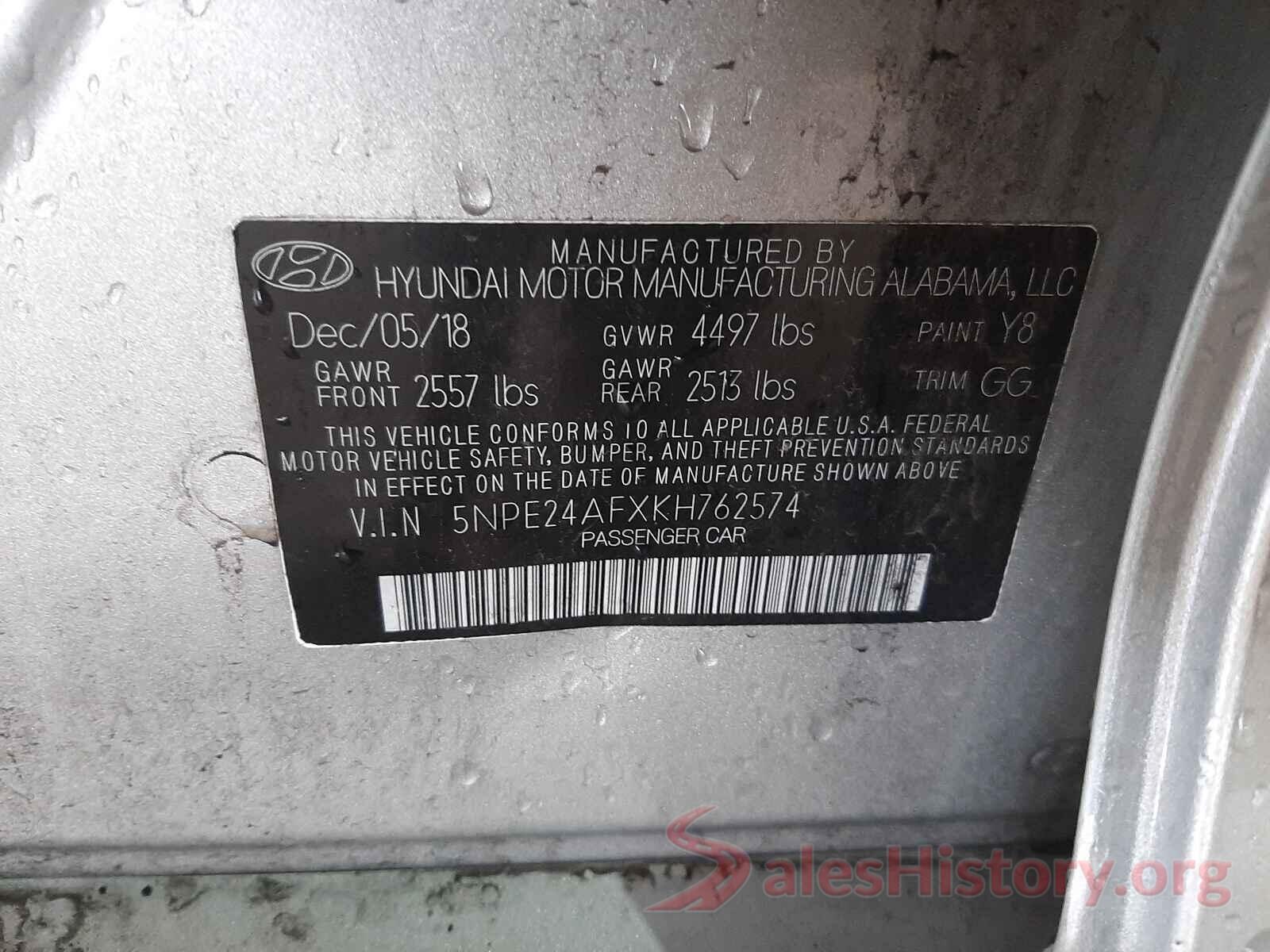 5NPE24AFXKH762574 2019 HYUNDAI SONATA