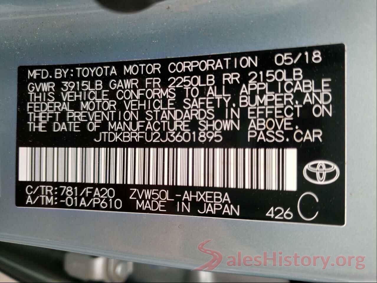 JTDKBRFU2J3601895 2018 TOYOTA PRIUS