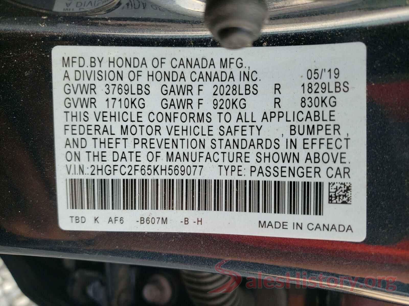 2HGFC2F65KH569077 2019 HONDA CIVIC