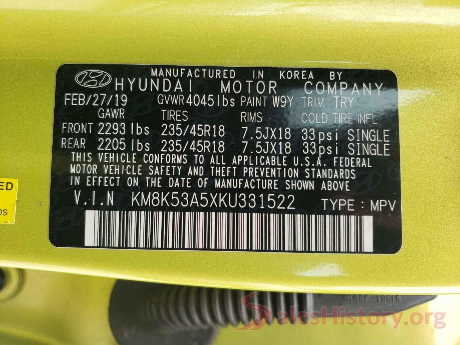 KM8K53A5XKU331522 2019 HYUNDAI KONA