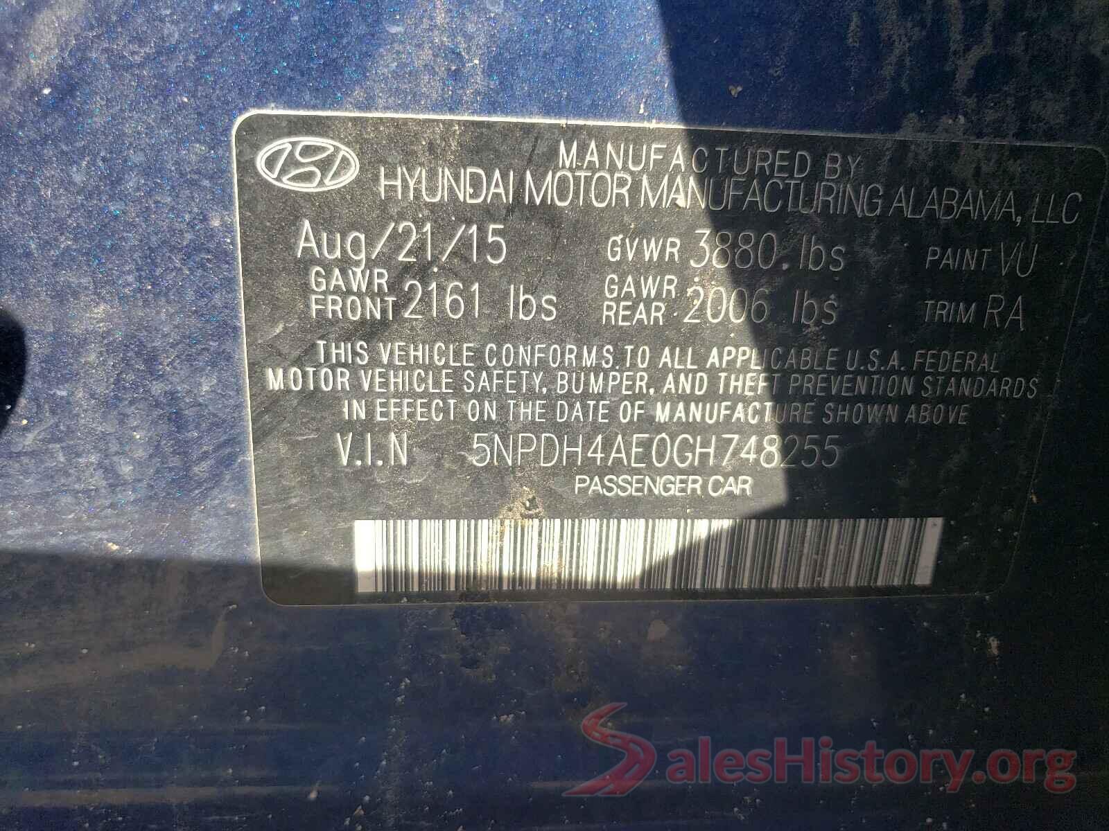 5NPDH4AE0GH748255 2016 HYUNDAI ELANTRA