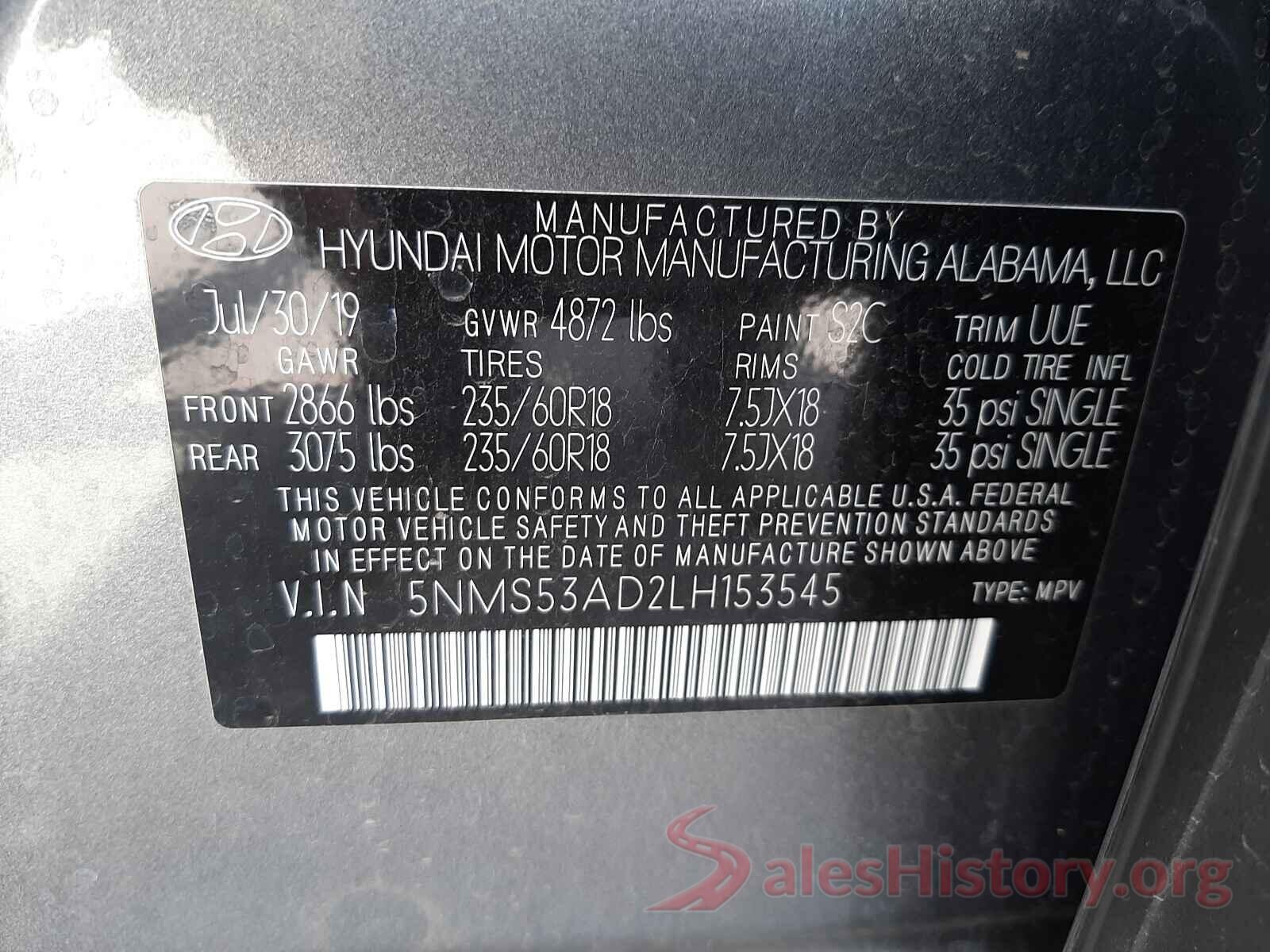 5NMS53AD2LH153545 2020 HYUNDAI SANTA FE