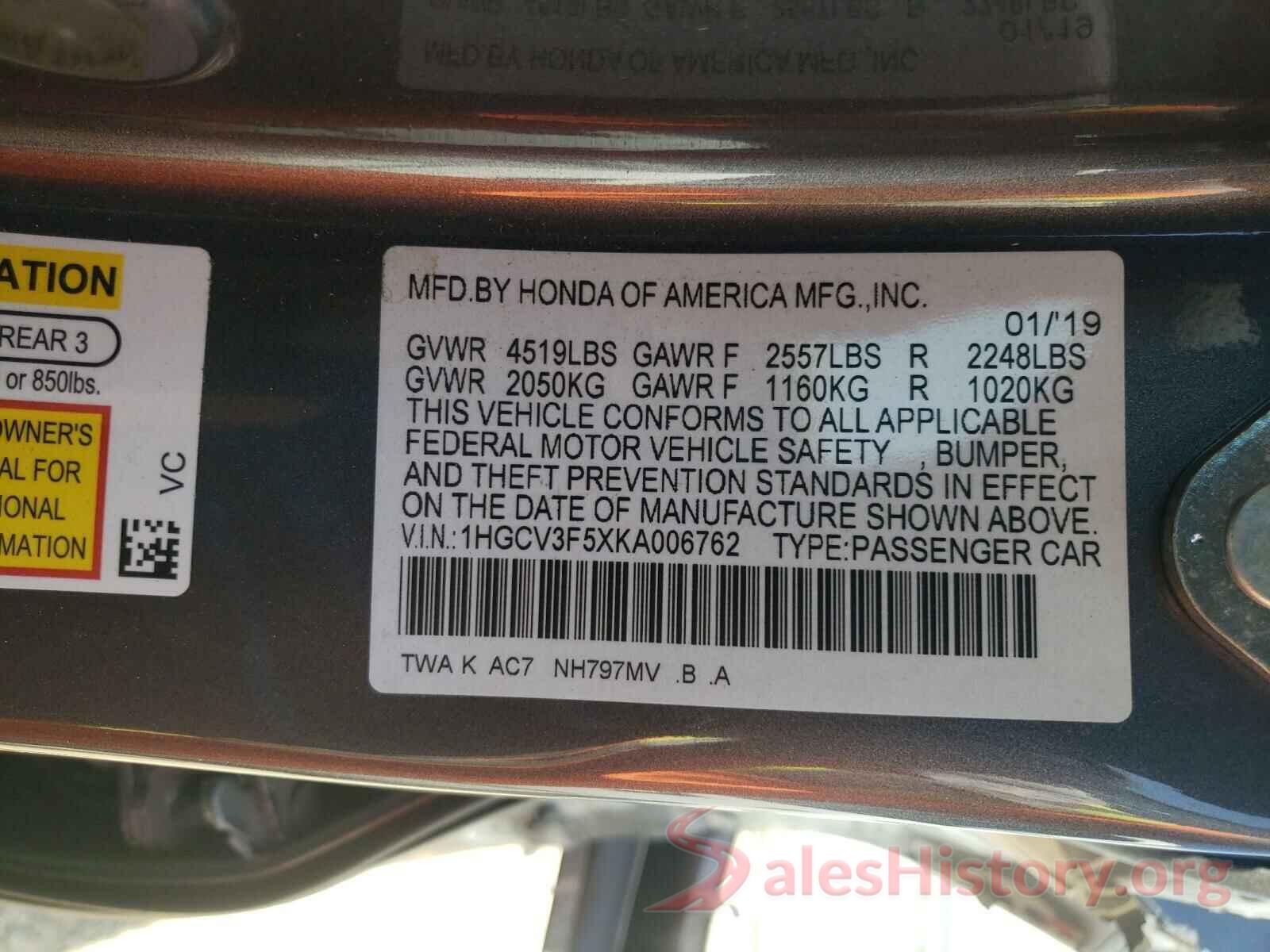 1HGCV3F5XKA006762 2019 HONDA ACCORD