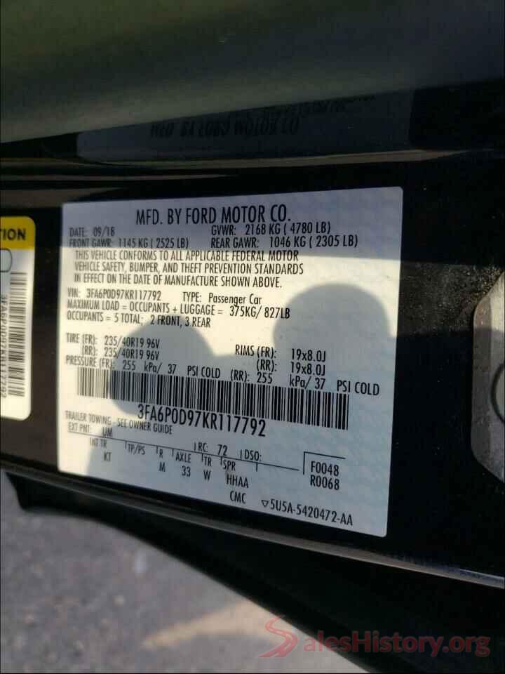 3FA6P0D97KR117792 2019 FORD FUSION