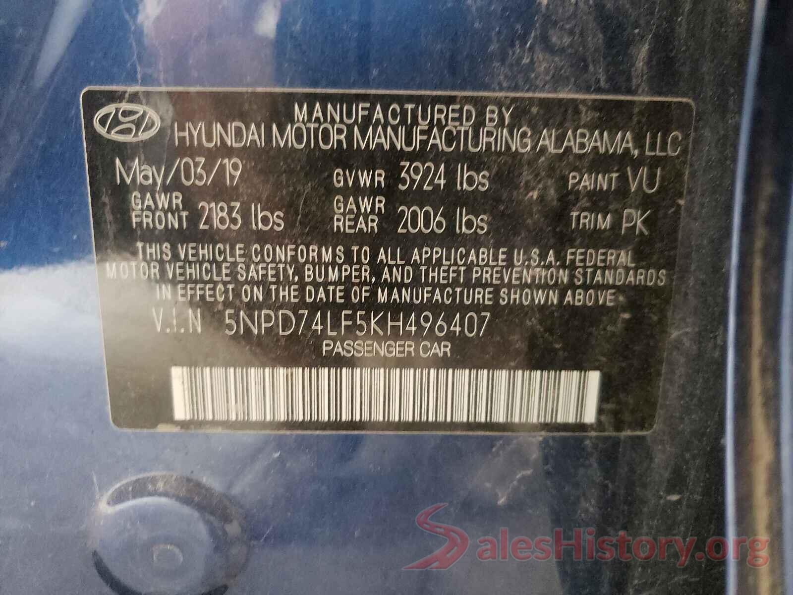 5NPD74LF5KH496407 2019 HYUNDAI ELANTRA