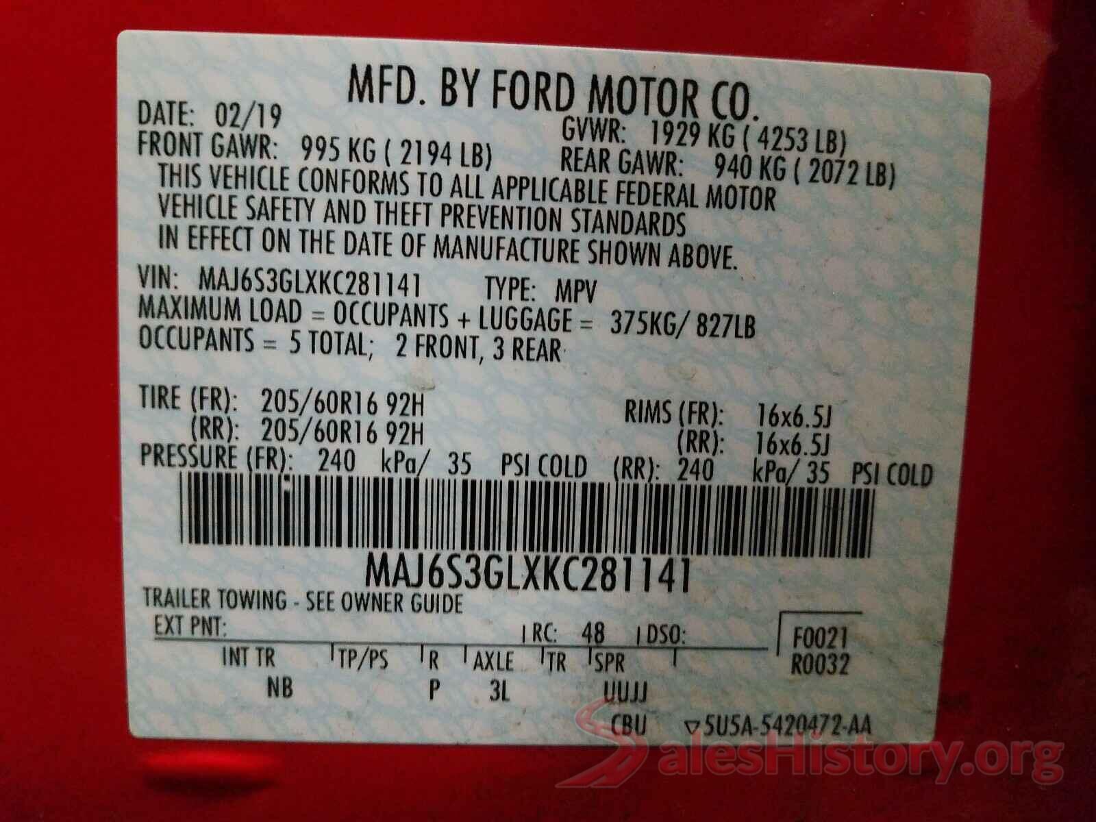 MAJ6S3GLXKC281141 2019 FORD ALL OTHER