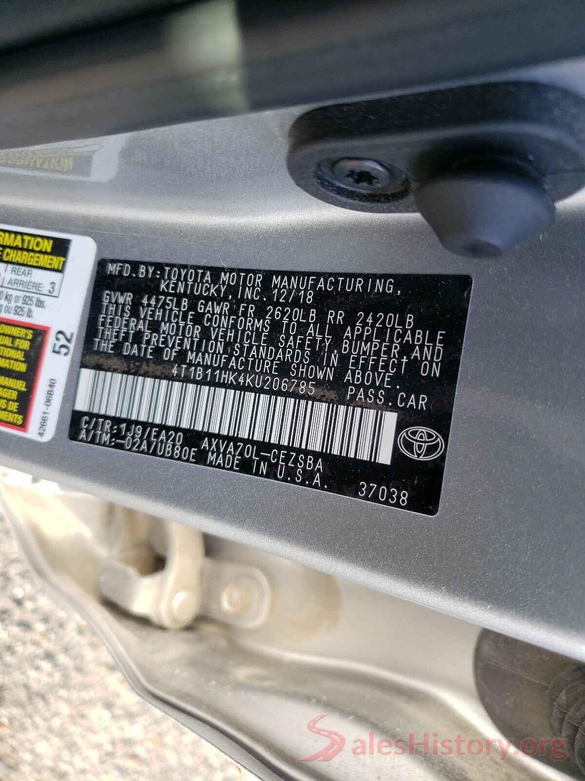 4T1B11HK4KU206785 2019 TOYOTA CAMRY