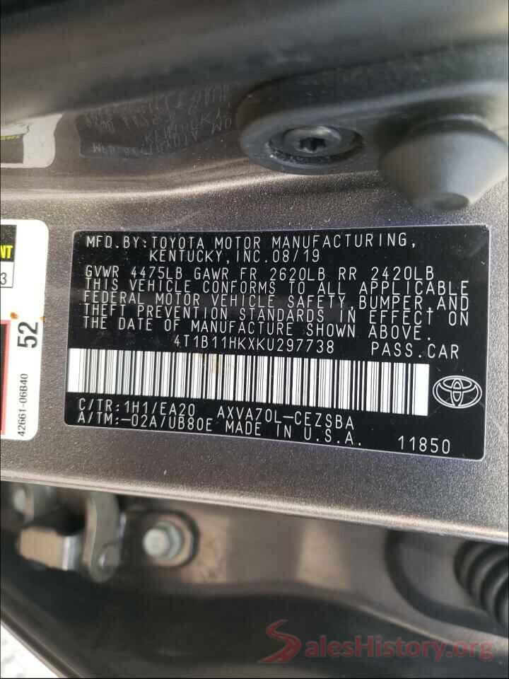 4T1B11HKXKU297738 2019 TOYOTA CAMRY