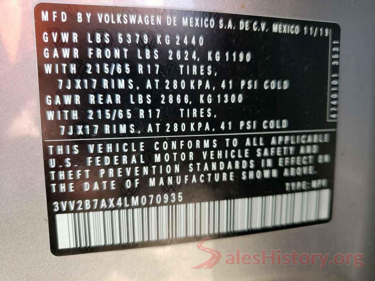 3VV2B7AX4LM070935 2020 VOLKSWAGEN TIGUAN