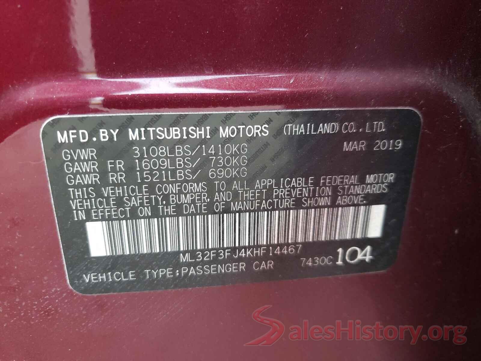 ML32F3FJ4KHF14467 2019 MITSUBISHI MIRAGE