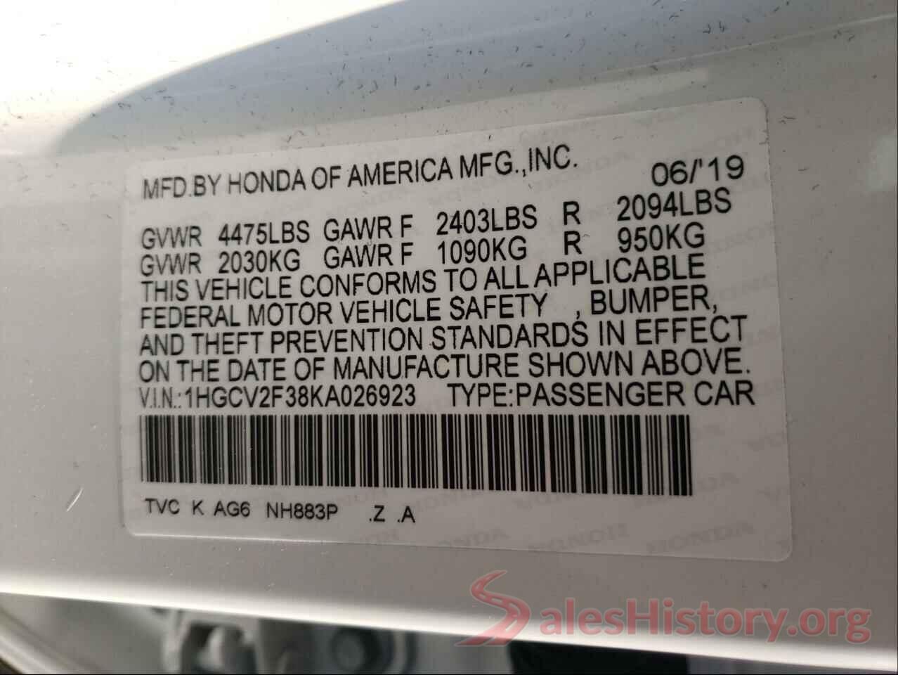 1HGCV2F38KA026923 2019 HONDA ACCORD