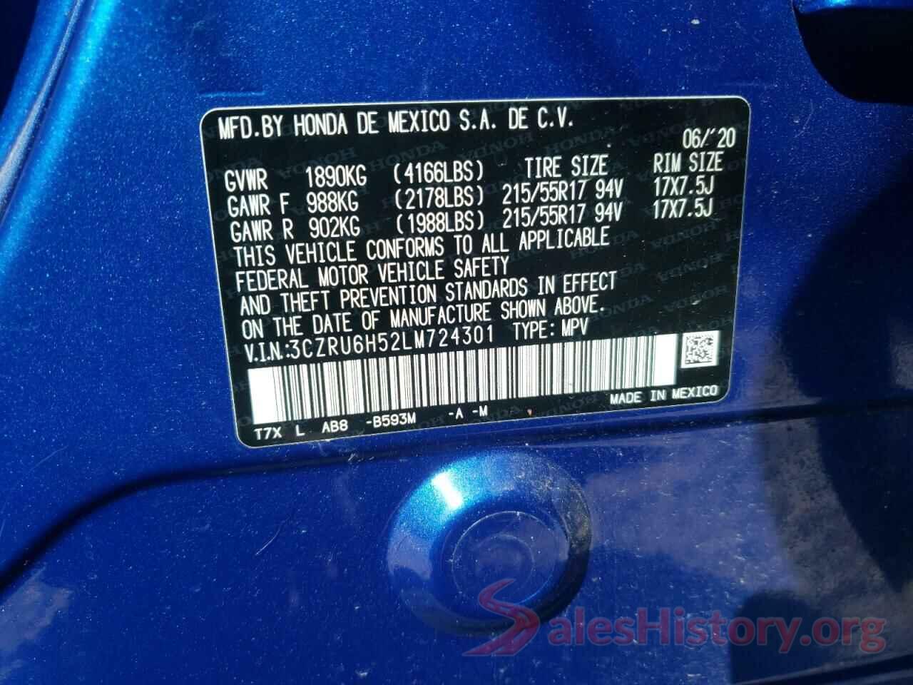 3CZRU6H52LM724301 2020 HONDA HR-V