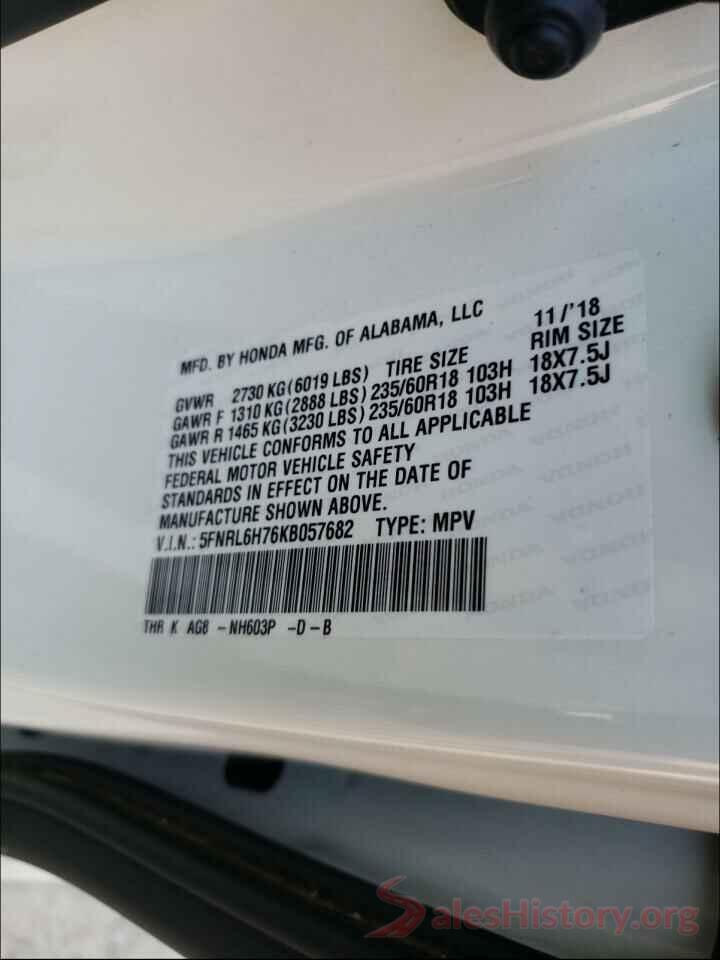 5FNRL6H76KB057682 2019 HONDA ODYSSEY