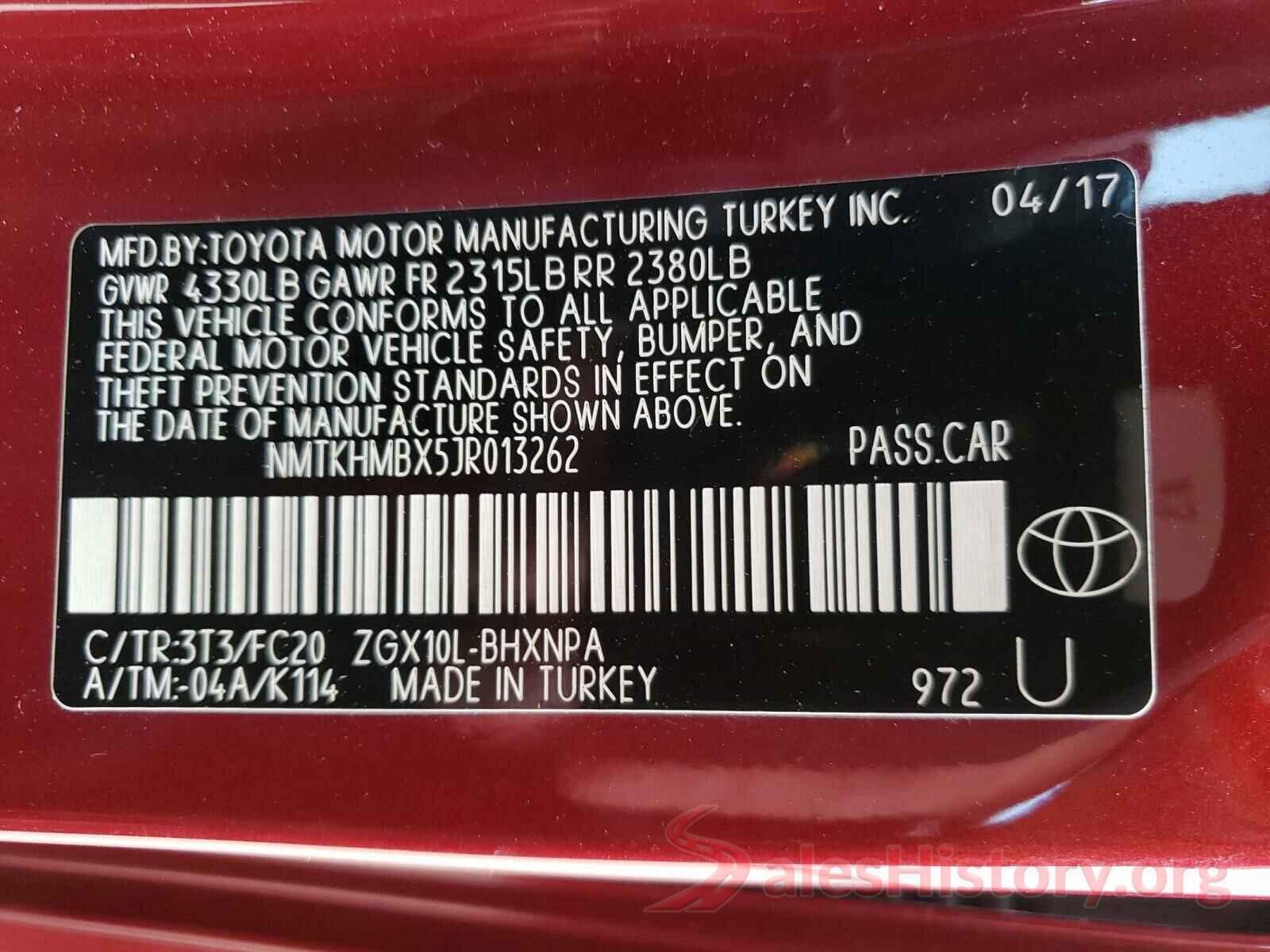 NMTKHMBX5JR013262 2018 TOYOTA C-HR