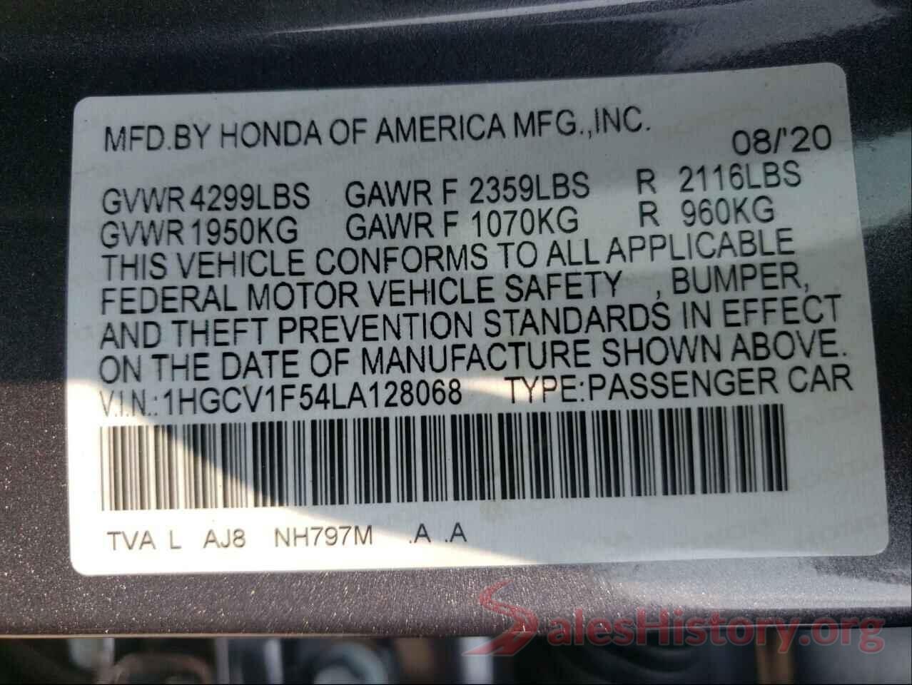 1HGCV1F54LA128068 2020 HONDA ACCORD