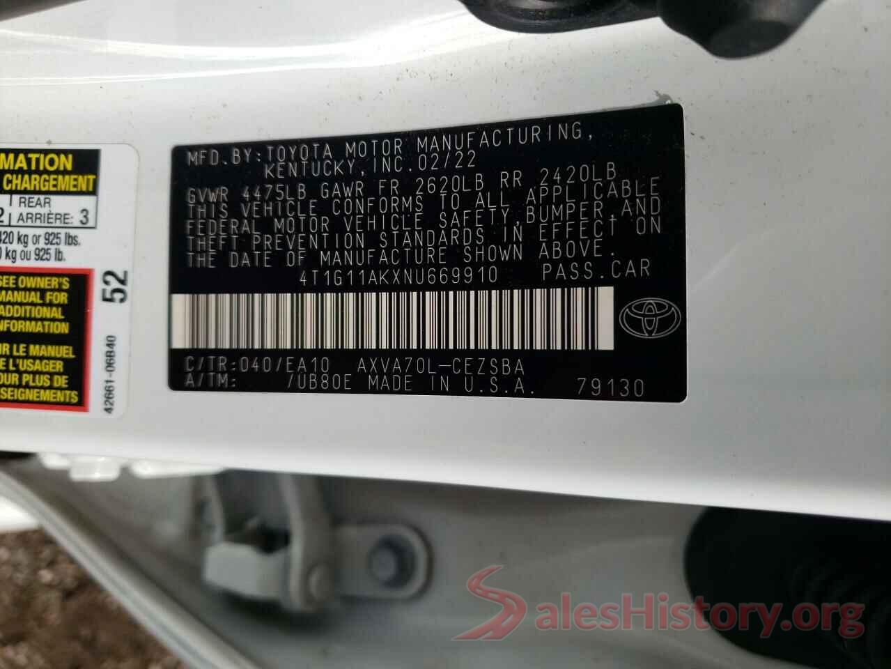 4T1G11AKXNU669910 2022 TOYOTA CAMRY