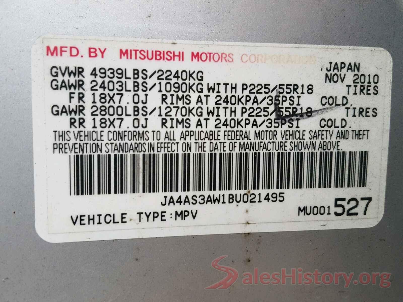 JA4AS3AW1BU021495 2011 MITSUBISHI OUTLANDER