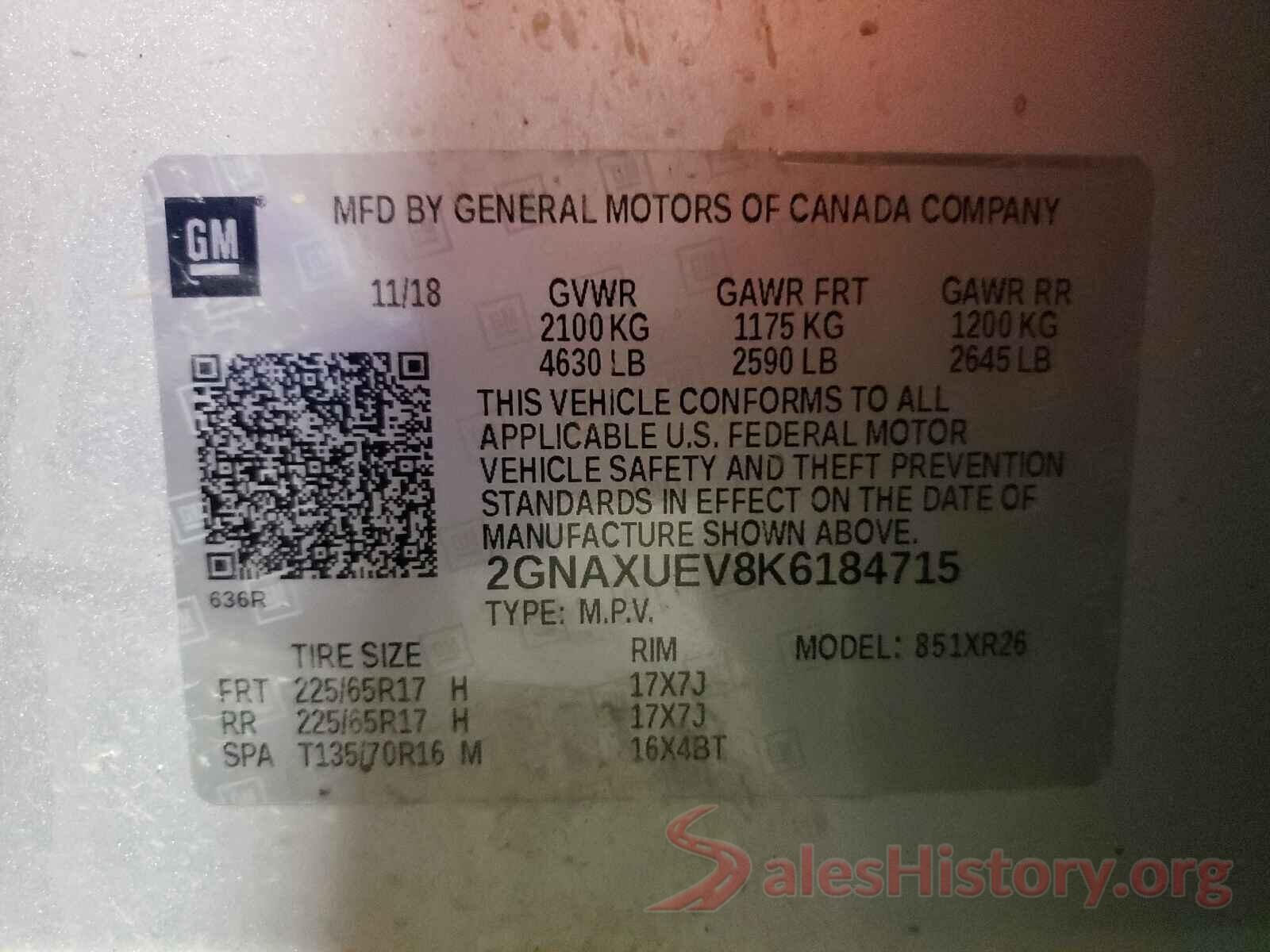 2GNAXUEV8K6184715 2019 CHEVROLET EQUINOX