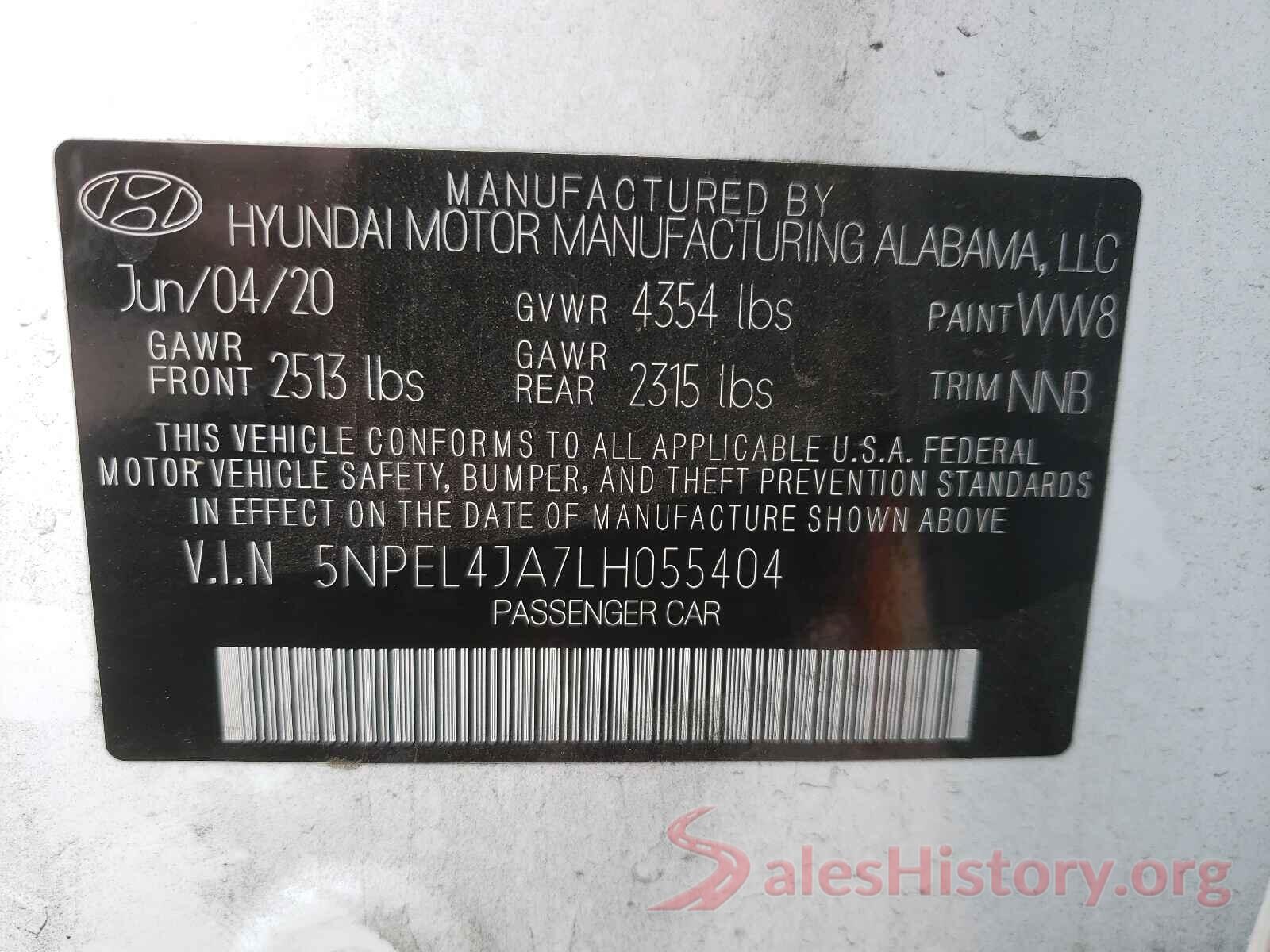 5NPEL4JA7LH055404 2020 HYUNDAI SONATA