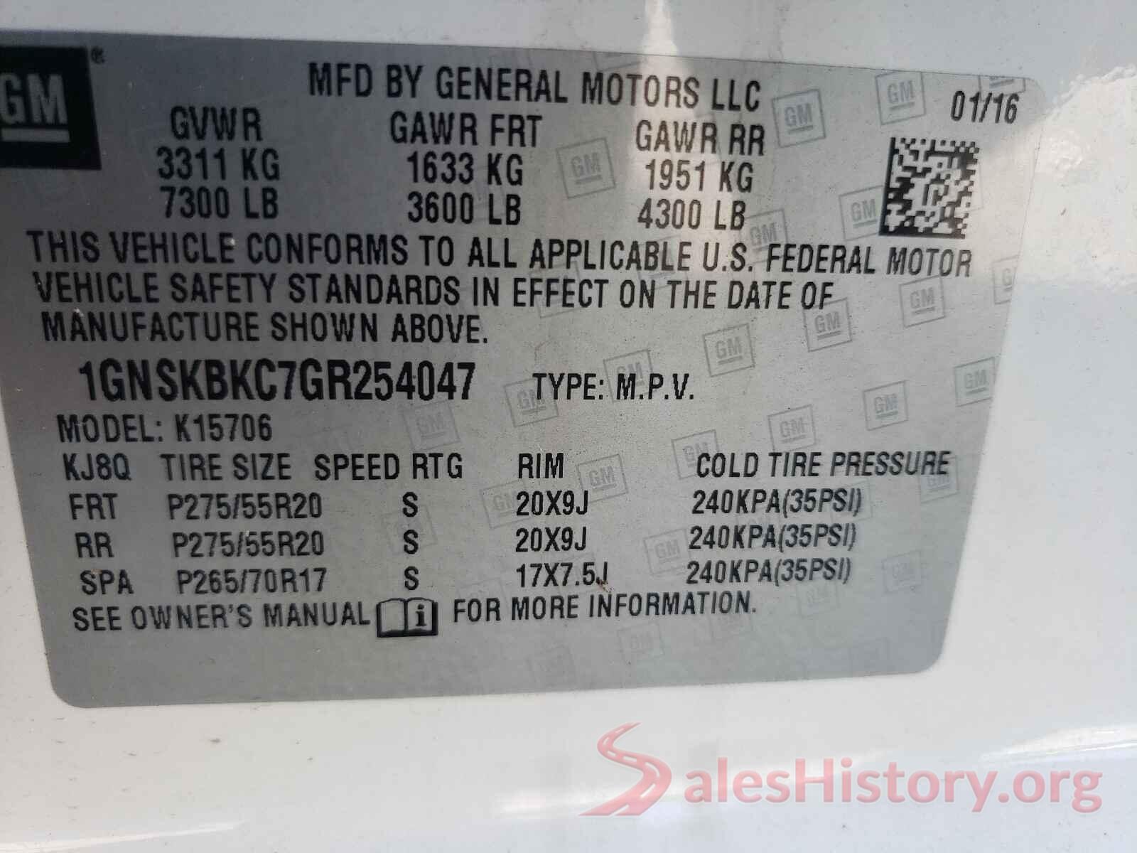 1GNSKBKC7GR254047 2016 CHEVROLET TAHOE