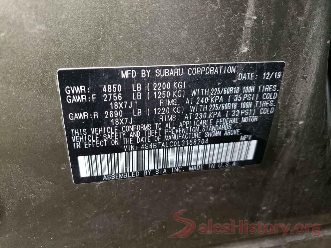 4S4BTALC0L3158204 2020 SUBARU OUTBACK