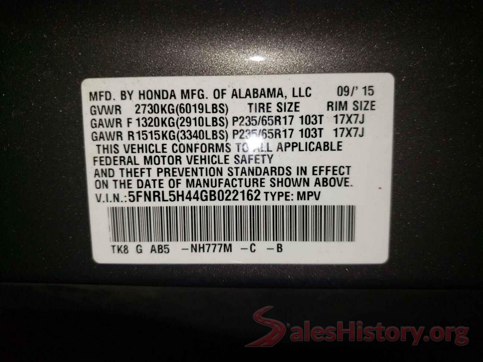 5FNRL5H44GB022162 2016 HONDA ODYSSEY