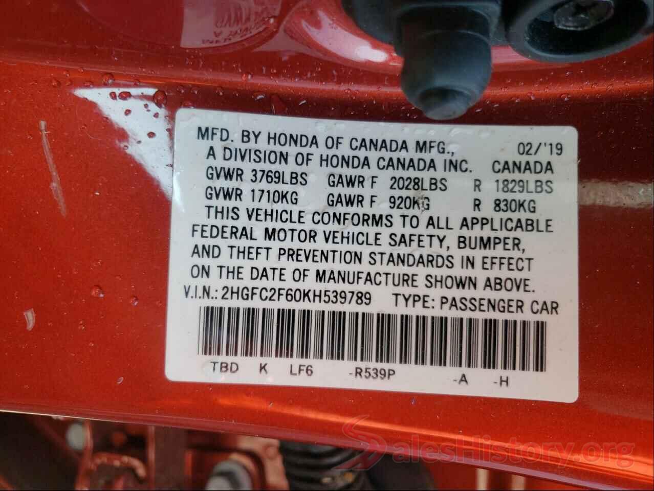 2HGFC2F60KH539789 2019 HONDA CIVIC